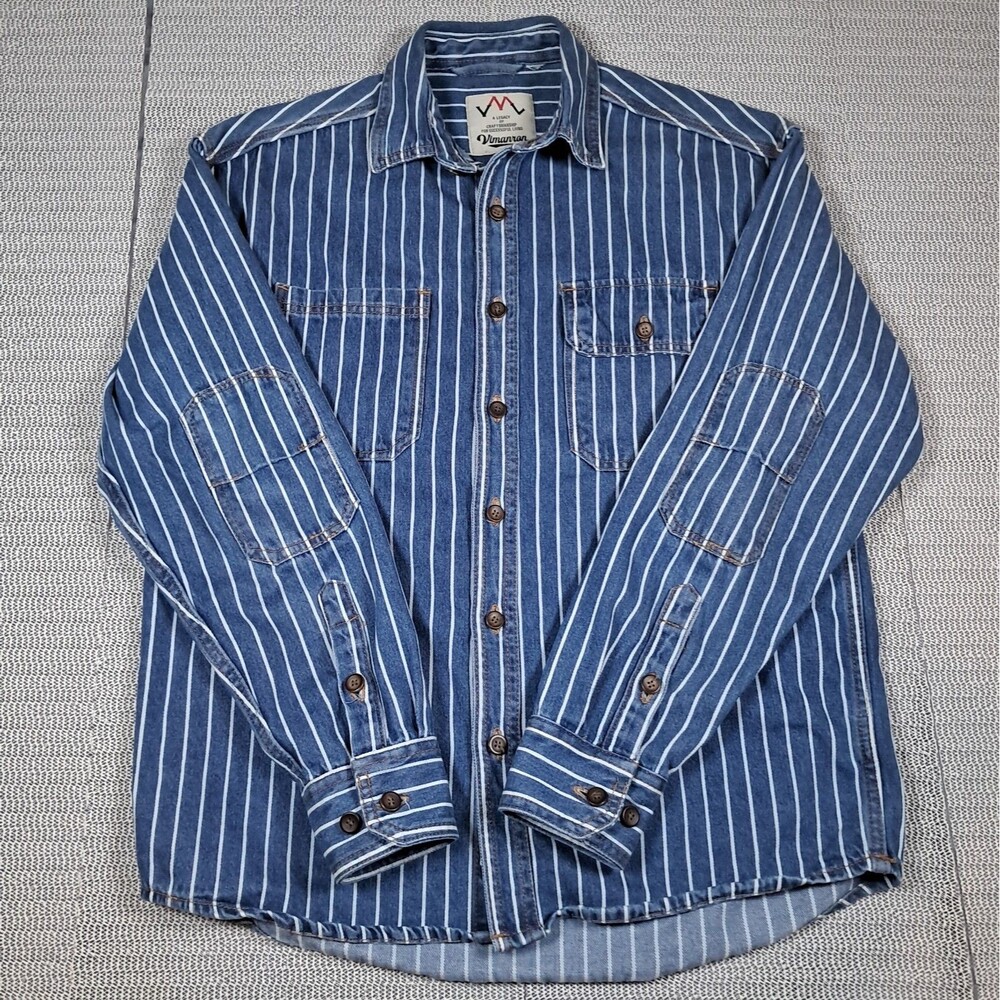 Vimanron Mens Hickory Stripe Denim Workwear Shirt Elbow Patch READ Missing Size